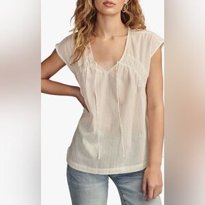 Lucky Brand Cream Pinstripe Tie-Front Peasant Blouse - L - NWT